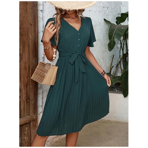 V-Neck Short Sleeves Midi Dress