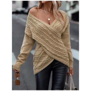 Women Pullover Sweater Khaki V-Neck Long Sleeves Sweaters