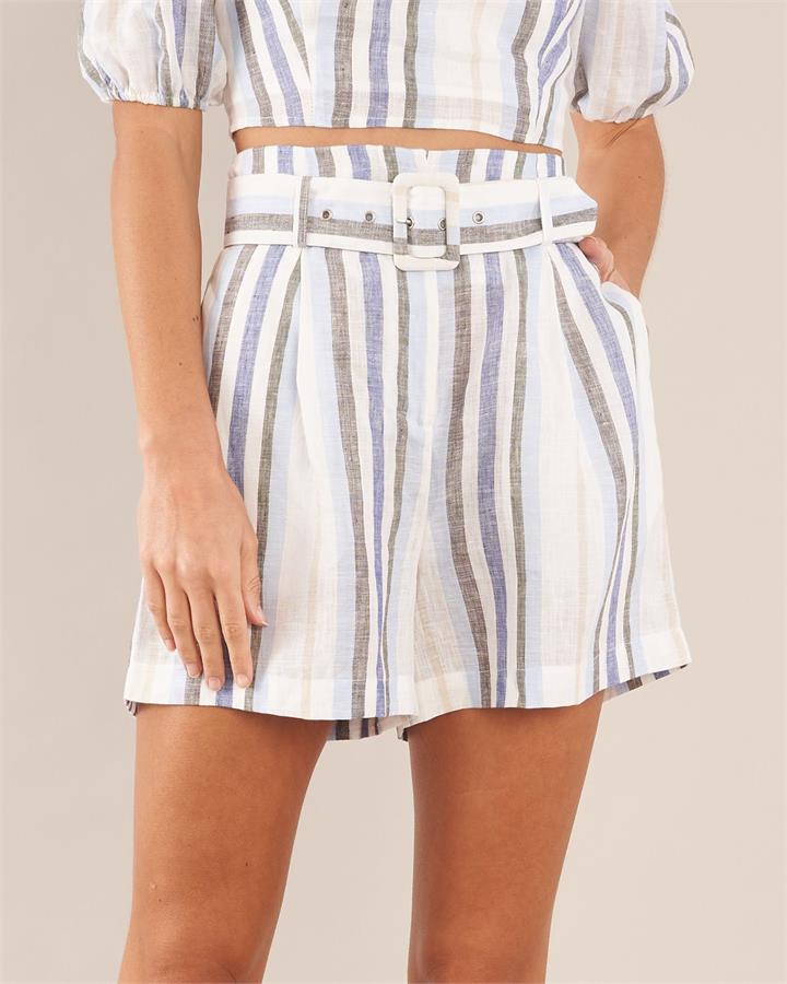 Amelius Sale | Women's Zanci Stripe Linen Short | Blue | 6 | Linen Shorts | Afterpay Available