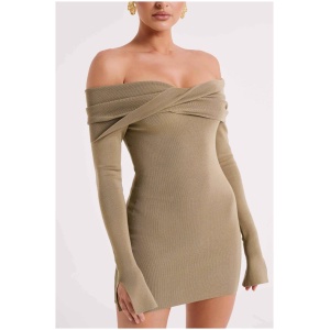 Clover Off Shoulder Knit Mini Dress - Olive