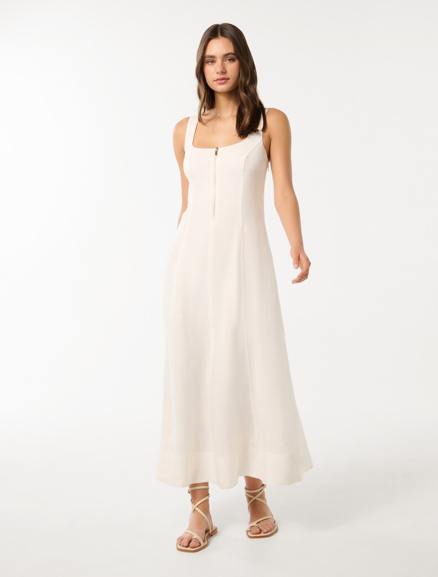 Forever New Women's Bronte Linen Zip-Detail Midi Dress in Porcelain