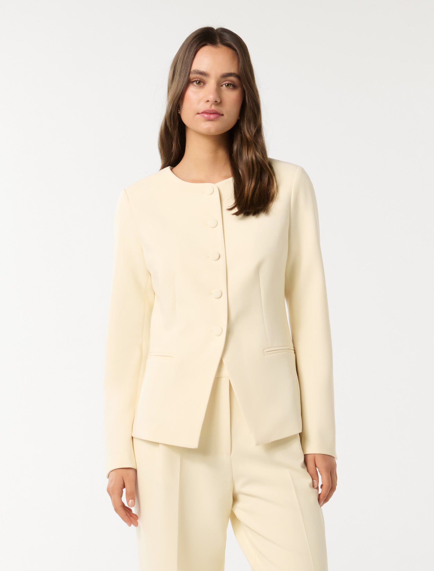 Forever New Women's Goldie High-Neck Blazer Jacket in Light Buttercream Suit