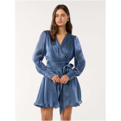 Forever New Women's Myra Metallic Wrap Mini Dress in Danish Blue