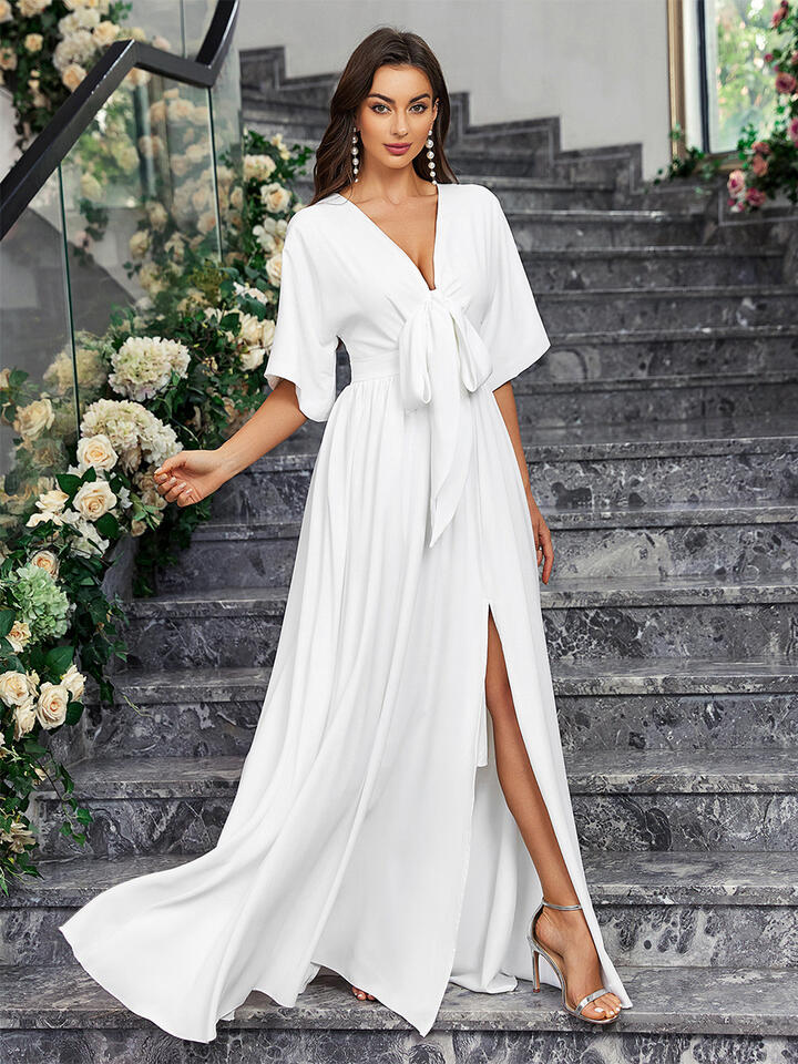 Party Dresses White V-Neck Knotted Half Sleeves High-slit Semi Formal Dress