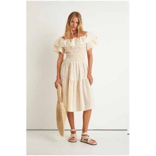 Zerafima Sale Women's HELENA SHOULDER FRILL DRESS S Linen Midi Dresses Afterpay Available