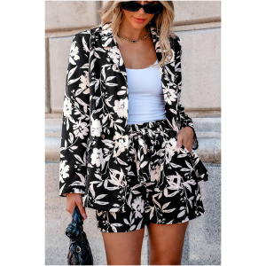 Cupshe Black Floral Long Sleeve Collared Blazer - Black,S