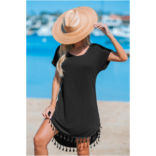 Cupshe Black Round Neck Short Sleeve Tassel Hem Mini Dress - Black,S