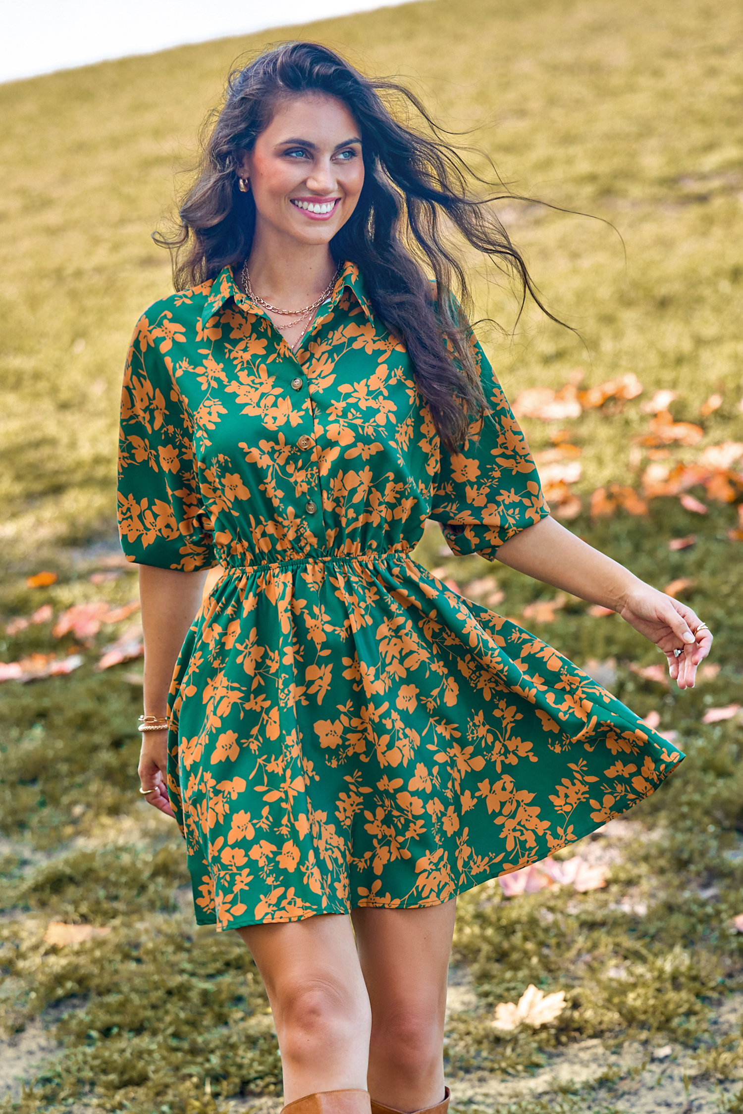 Cupshe Green & Yellow Floral Collared Half Sleeve Mini Dress - Green,L