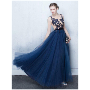 Dark Navy Prom Dress 2024 Long Tulle Lace Illusion Floor Length Formal Dress Wedding Guest Dresses Free Customization