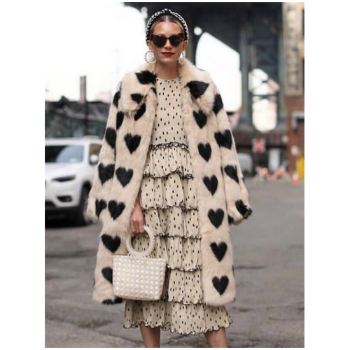 Eco-friendly Fur Coat Heart Print Lapel Winter Women Faux Fur Jacket