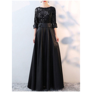 Evening Dress A-Line Jewel Neck Polyester Floor-Length Formal Dinner Dresses