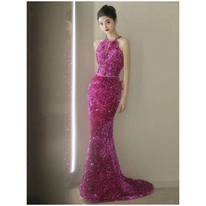 Evening Dress Mermaid Jewel Neck Floor-Length Sleeveless Zipper Beaded Sequined Formal Party Dresses