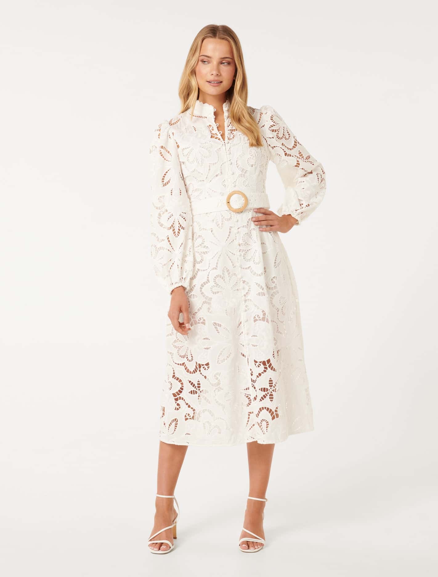 Forever New Women's Victoria Broderie Midi Dress in Porcelain