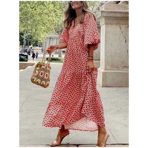 Jewel Neck Maxi Dress 3/4 Length Sleeves Casual Floral Print Long Dress