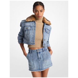 MK Faux Fur Trim Denim Cropped Jacket - Blue - Michael Kors