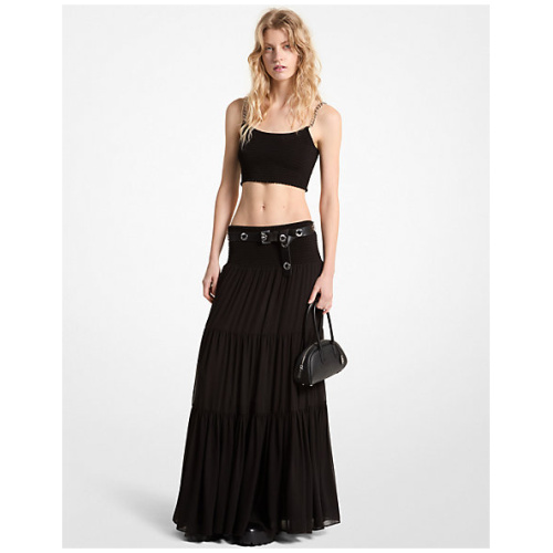 MK Tiered Smocked Georgette Maxi Skirt - Black - Michael Kors