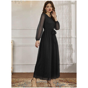 Maxi Dress Jewel Neck Long Sleeves Casual Sheer Sash Long Dress