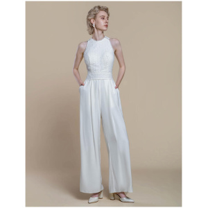 Bridal Jumpsuit Polyester Pearls Ankle-Length Jumpsuit Designed Neckline Sleeveless Halter Natural Waist Ivory