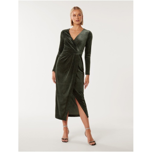 Forever New Women's Ava Wrap Glitter Velvet Midi Dress in Green