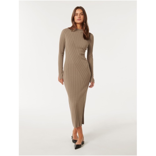 Forever New Women's Melody Rib Transfer Midi Dress in Mocha