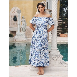 Forever New Women's Ravenna Off-Shoulder Tiered Midi Dress in Sardinia Tile