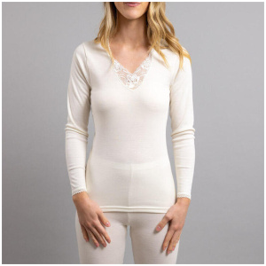 Thermo Fleece Ladies Thermal Long Sleeve Top Wool Blend Underwear W/ Motif Lace - Beige | Buy Online With Afterpay & Zip