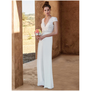 Bridal Jumpsuit Chiffon Lace Floor-Length Jumpsuit V-Neck Short Sleeves Natural Waist White