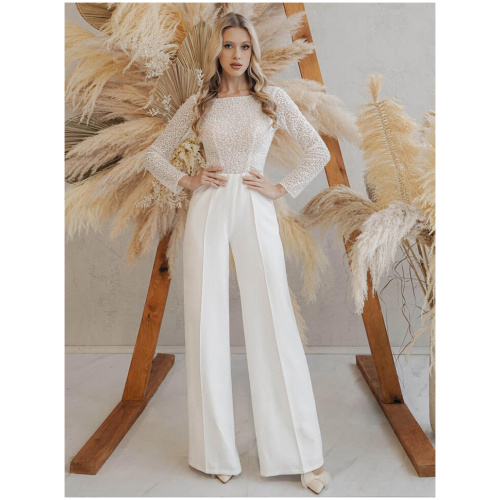 Bridal Jumpsuit Lace Cut Out Floor-Length Jumpsuit Jewel Neck Long Sleeves Ivory