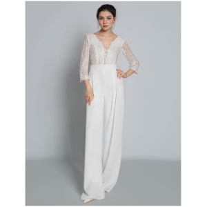 Bridal Jumpsuit Lace Lace Floor-Length Jumpsuit V-Neck 3/4 Length Sleeves Natural Waist Ivory