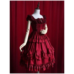 Burgundy Lolita Dress Ruffles Cotton Dress for Women