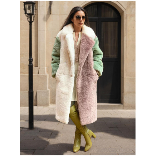 Color Block Eco-friendly Coat Notched Lapel Front Button Full Length Faux Fur Jacket