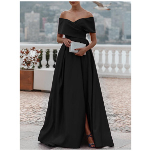 Evening Dress A-Line Off-The-Shoulder Satin Fabric With Train Pleated Formal Dinner Dresses