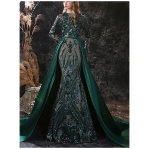 Evening Dress Mermaid Jewel Neck With Train Long Sleeves Zipper Lace Social Pageant Dresses