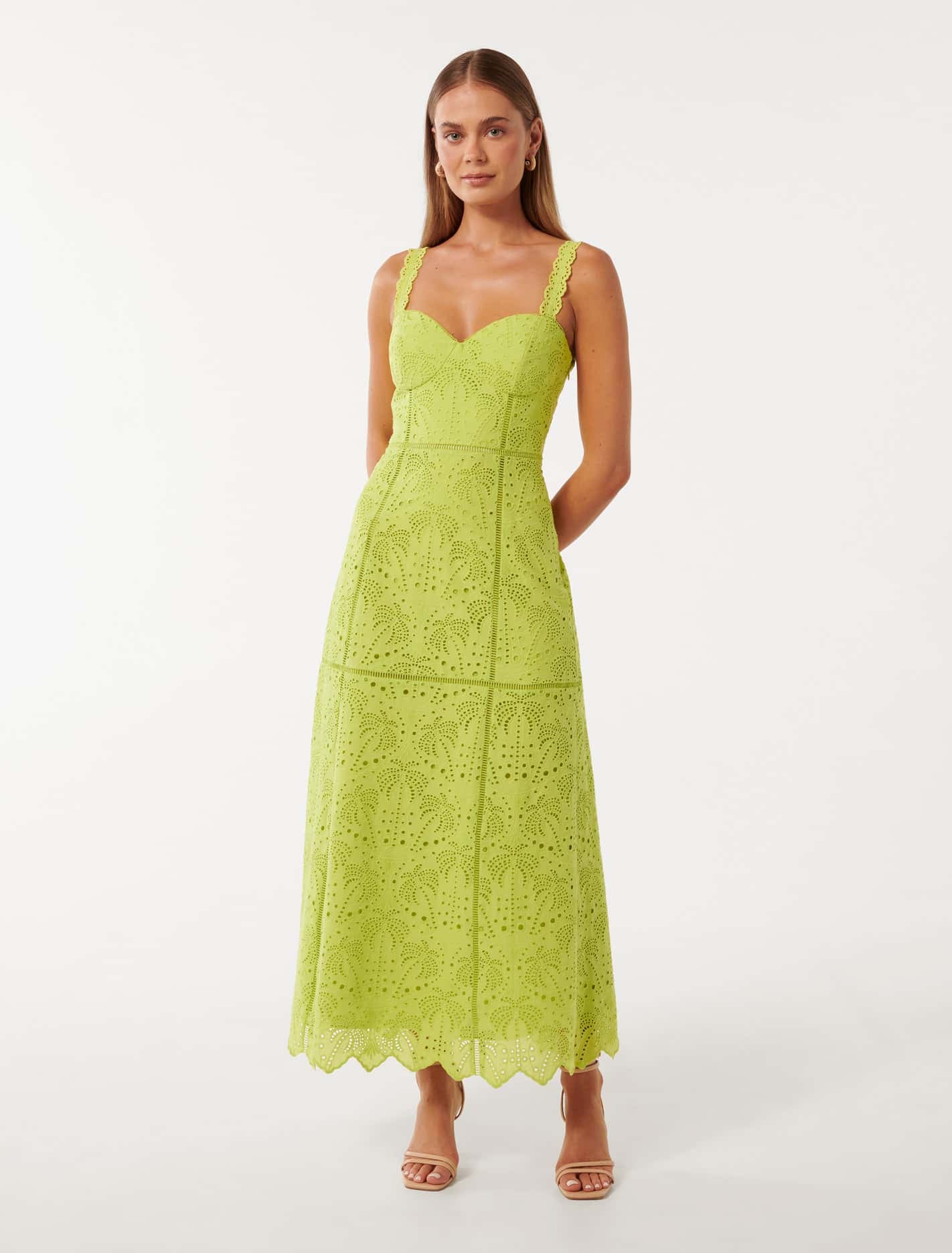 Forever New Women's Alessandra Broderie Midi Dress in Fresh Chartreuse