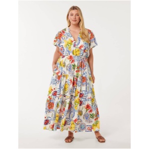 Forever New Women's Jacqueline Curve Plus Size Tiered Midi Dress in Sorrento Tile