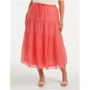 Forever New Women's Maia Curve Tiered Belted Midi Skirt in Strawberry Pop