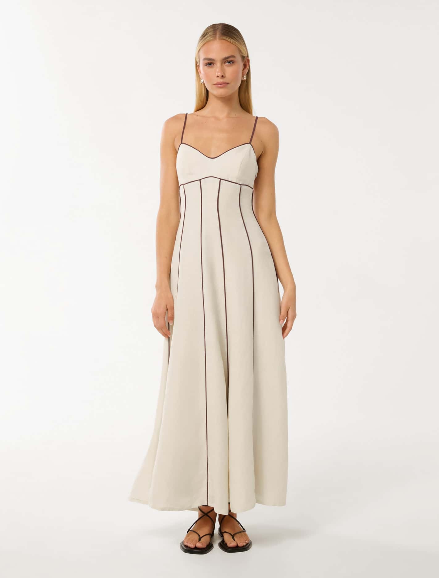 Forever New Women's Roma Contrast Linen Midi Dress in Porcelain/Chocolate