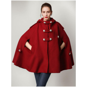 Hooded Wool Blend Cape Coat Dark Navy Double-breasted Oversized Winter Poncho For Women 2024