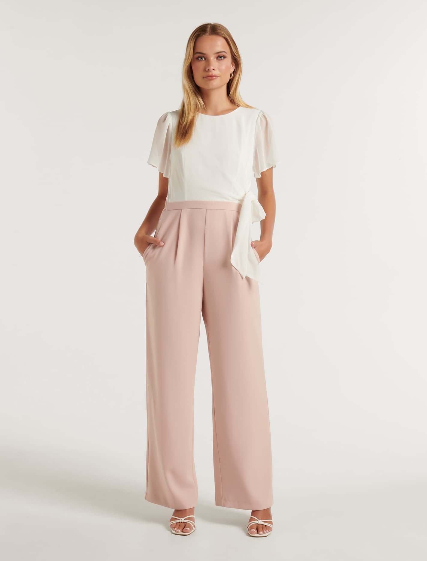 Forever New Women's Alia Flutter-Sleeve Jumpsuit in Porcelain Pink