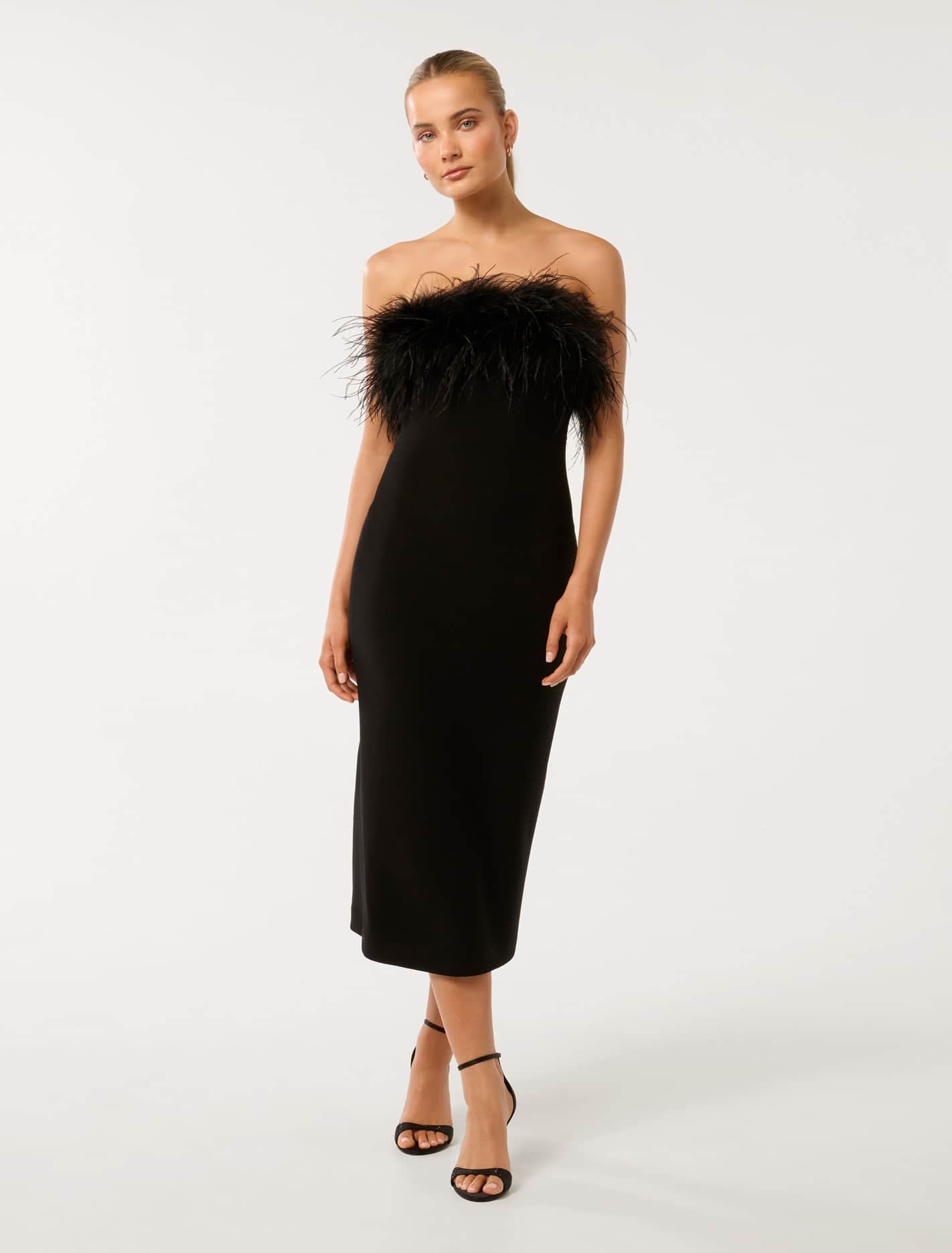 Forever New Women's Vianna Feather Strapless Midi Dress in Black