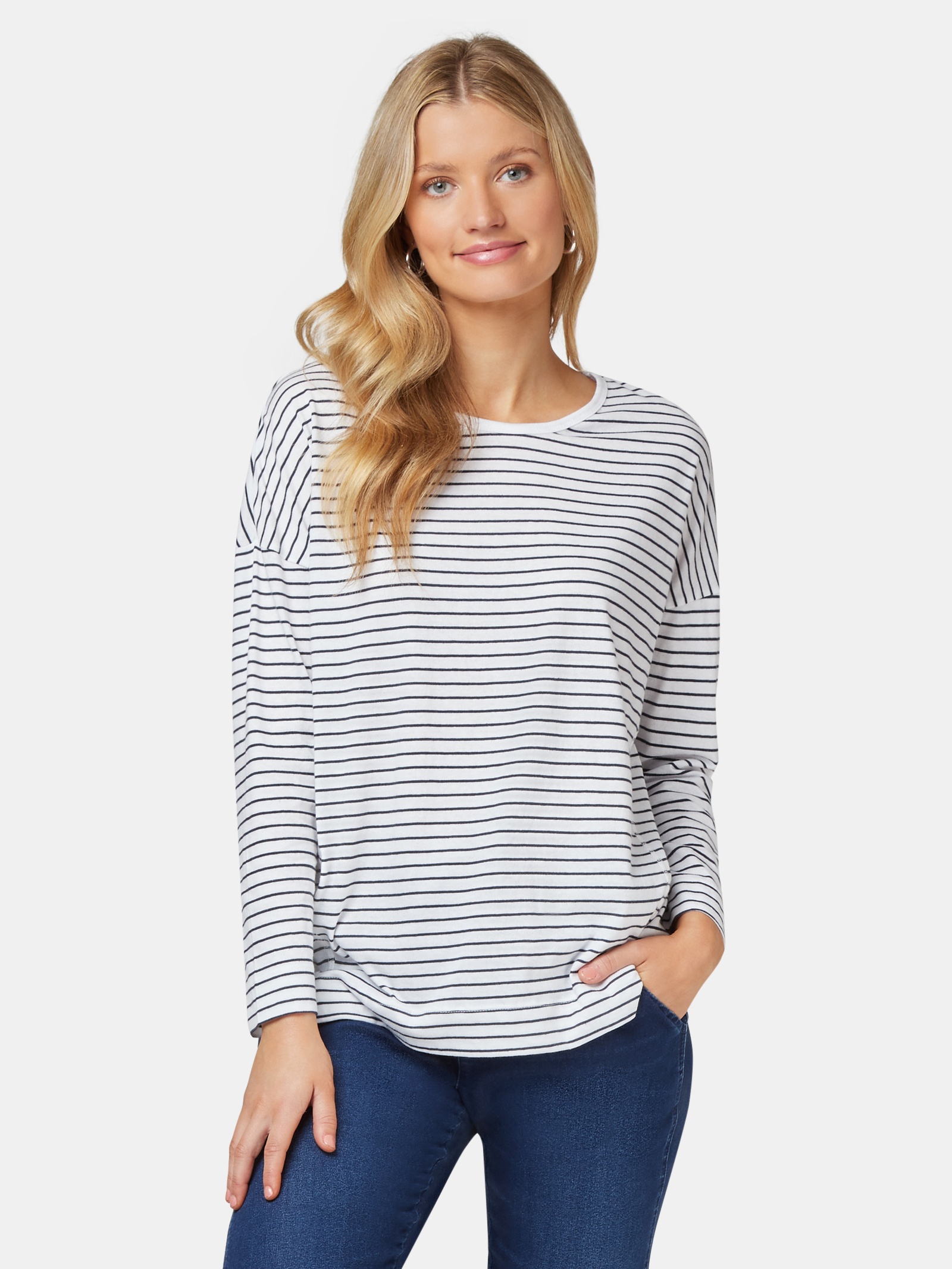 3/4 Sleeve Drop Shoulder Tee White/Navy Stripe