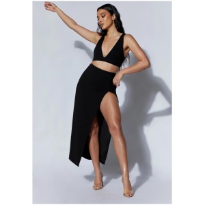 Arla High Waist Thigh Split Crepe Maxi Skirt - Black