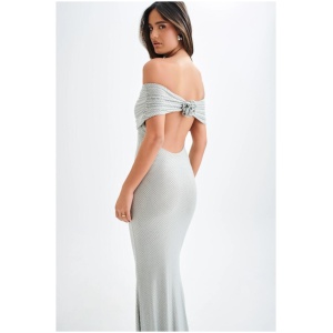 Arna Off Shoulder Diamante Maxi Dress - Silver