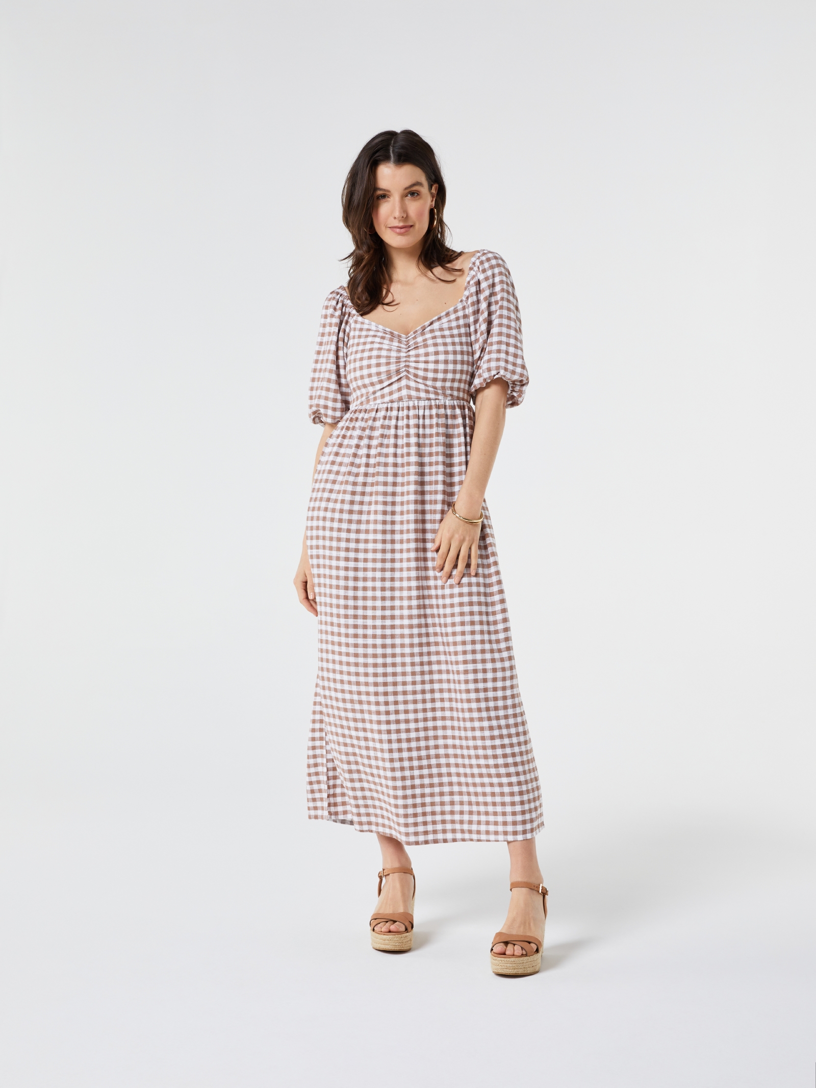 Audrey Ruched Bust Dress Mocca Gingham