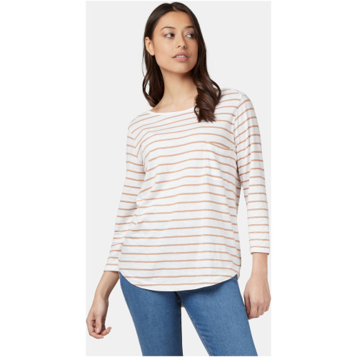 Boat Neck Pocket Tee White/Camel Stripe