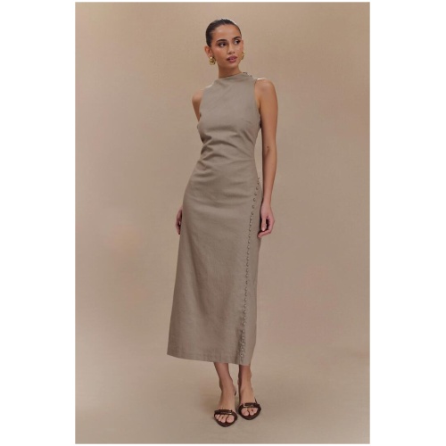 Bronte Linen Button Midi Dress - Pebble