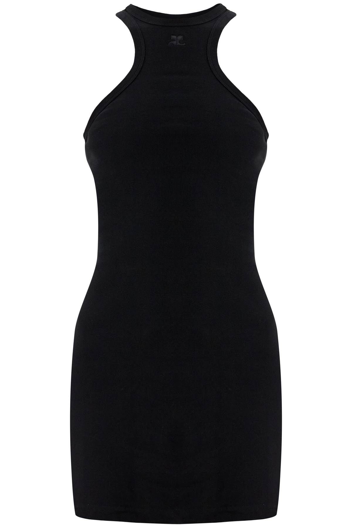 COURREGES black cotton mini dress with high neck and sleeveless design