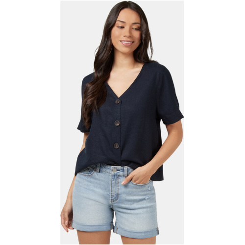 Carrie Button Front Linen Tee Navy