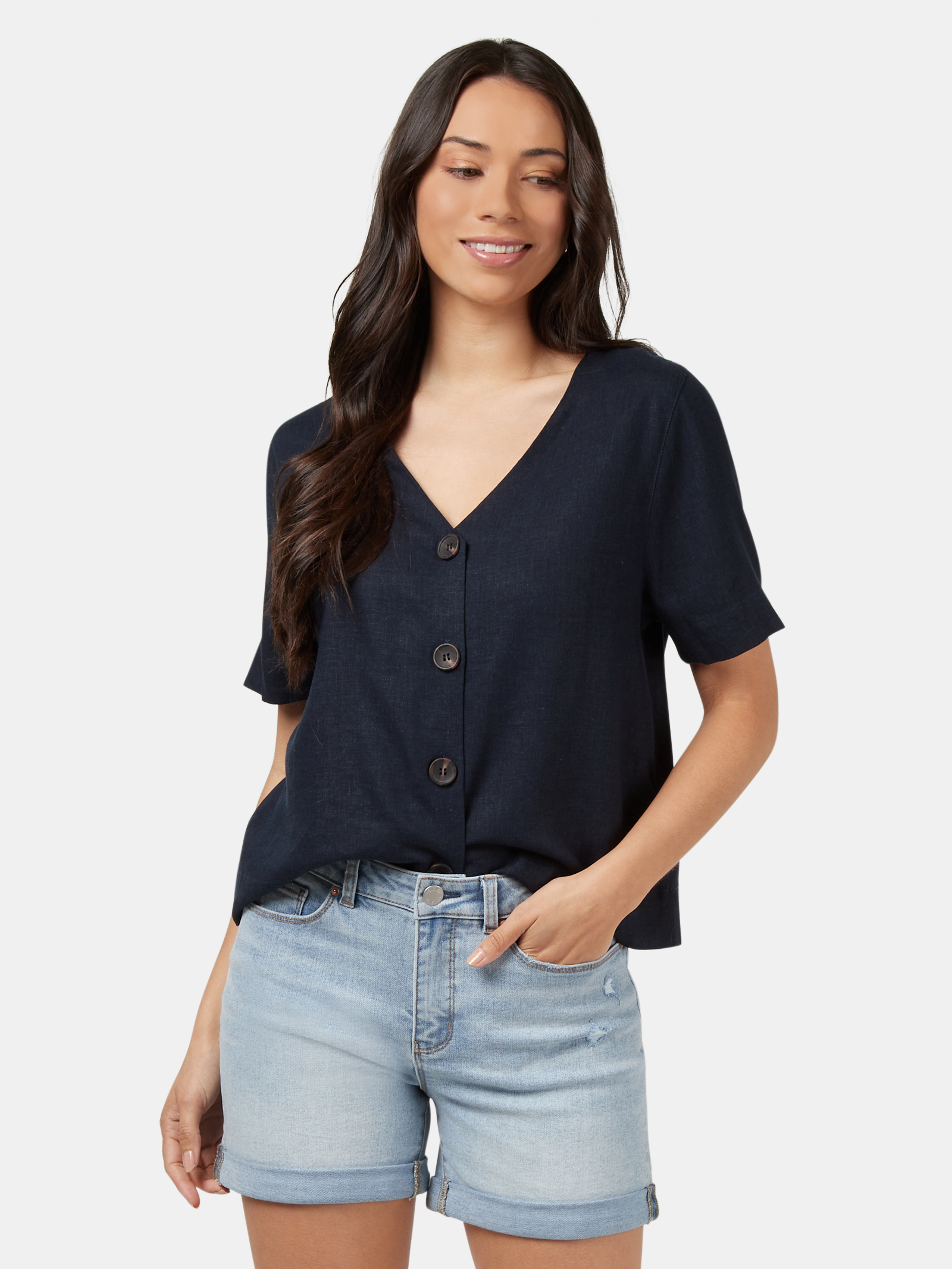 Carrie Button Front Linen Tee Navy