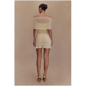 Caspian Slinky And Mesh Off Shoulder Mini Dress - Ivory